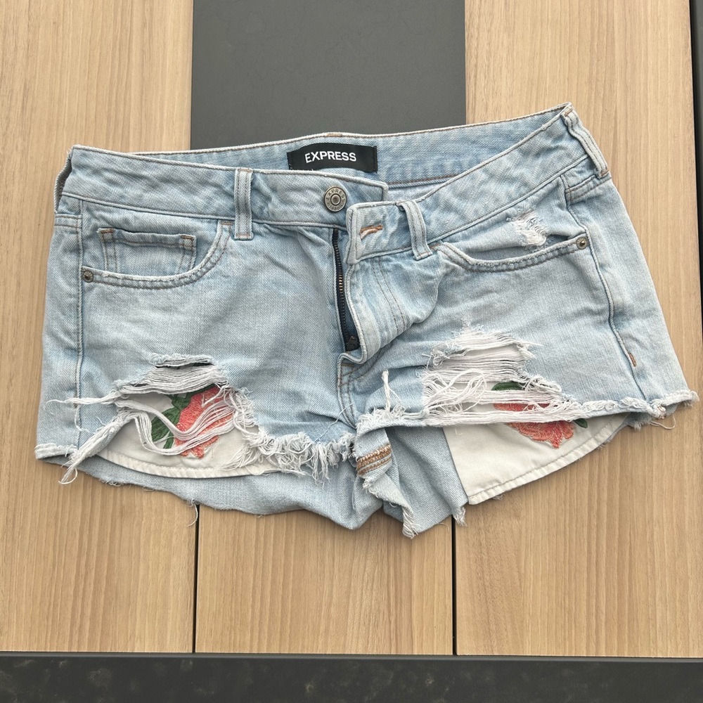 Express Light Blue Distressed Jean Shorts